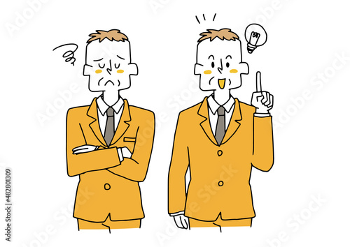 中年のビジネスマンが考えている様子と思いついた様子のセット　コミカルな手書きの人物イラスト