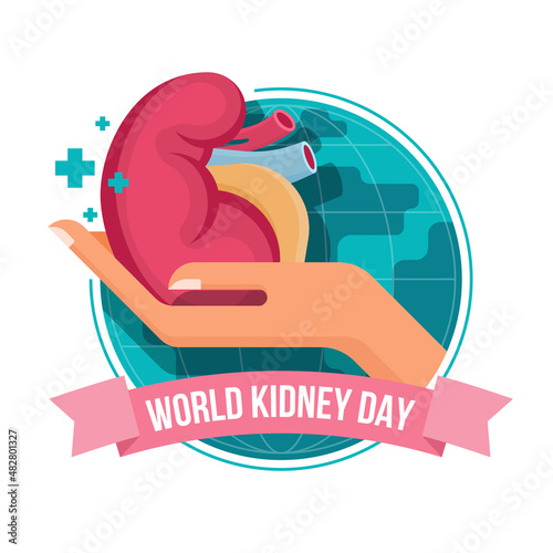 World kidney day banner - hand hold kidney sign and cross plus on circle world globe vector design