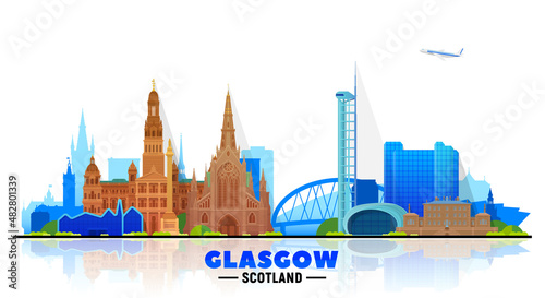 Glasgow Scotland (UK) skyline with panorama at sky background. Vector Illustration. Business travel and tourism concept with modern buildings. Image for banner or website.
