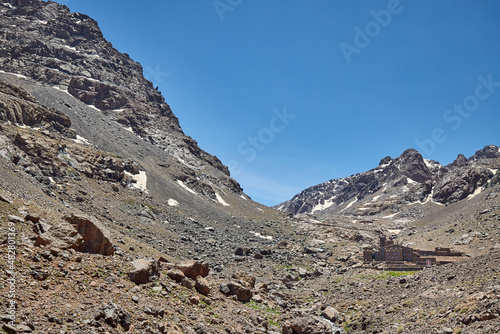 View of the area of refuge Toubkal in Atlas Mountins, under Toubkal Peak, Morocco