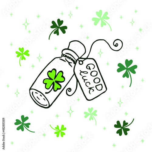A bottle of luck, a potion that brings happiness. Clover vector sketch. Good luck lettering, signature, quote. Lucky, fortune, good luck wishes. Hand drawing background, banner, illustration, simple d
