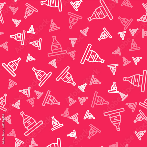 White line Bottle of sake icon isolated seamless pattern on red background. Vector