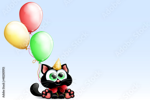 Cute black cat with colored balloons and golden cap on the light blue background. Birthday card