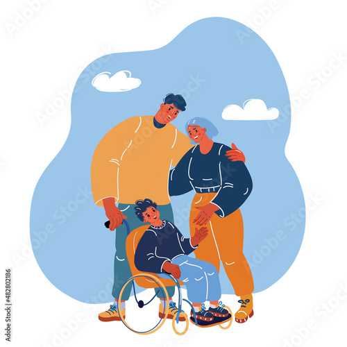 Vector illustration of Cheerful family with child in a wheelchair. Parents and their limited abilities son together smiling over dark backround