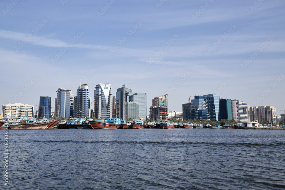 View of the city of Dubai from a boat in the old Abra port, UAE