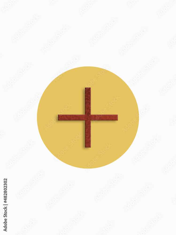 Red plus in a yellow circle, 3D rendering. Medical care symbol. White background