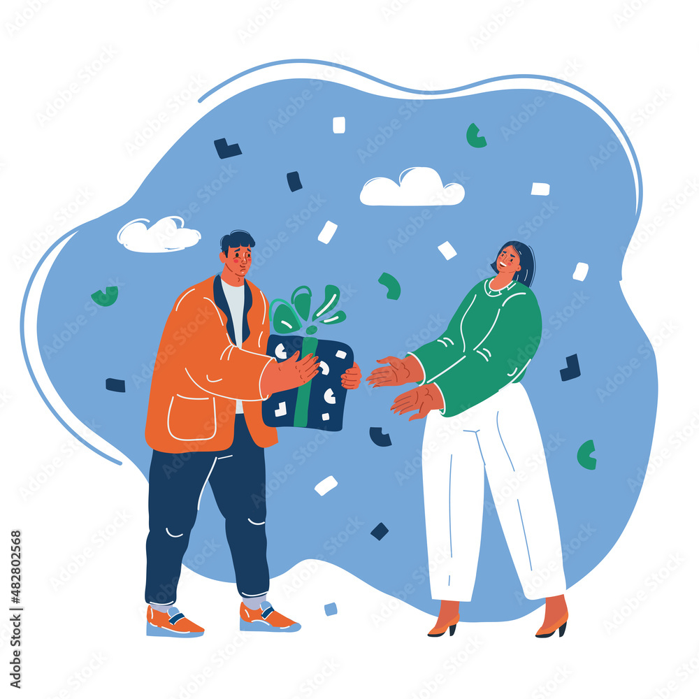 Vector illustration of man give woman gift box with. Present for birthday, valentine day, Christmas, New Year. Congratulations Vector illustration of man give woman gift box with. Present for birthday, valentine day, Christmas, New Year. Congratulations