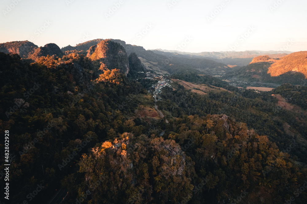 Mountains and sunset light in the evening at a rural village