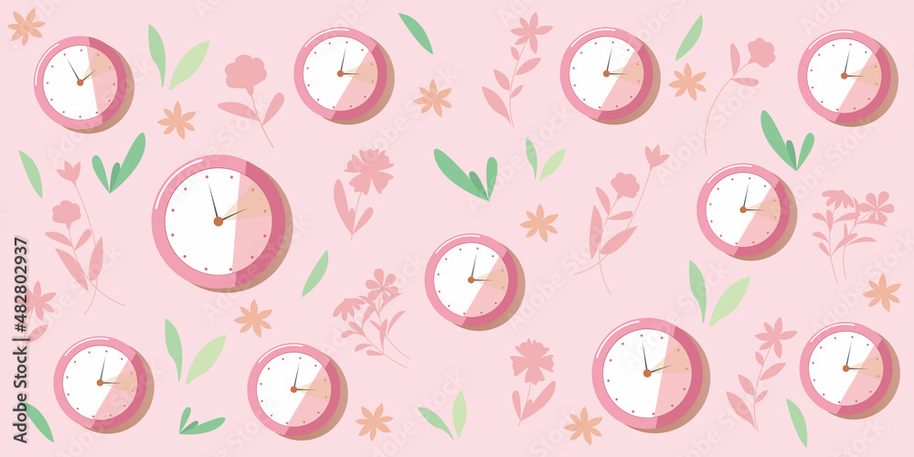Spring forward pattern graphic. Clocks and floral icons decoration illustration. Daylight saving background. Vector illustration. Spring forward pattern graphic. Clocks and floral icons decoration illustration. Daylight saving background. Vector illustration.