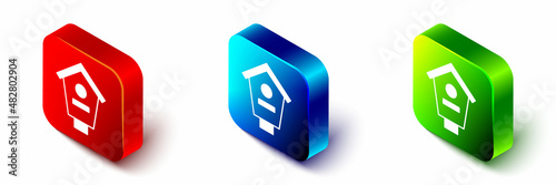 Isometric Bird house icon isolated on white background. Nesting box birdhouse, homemade building for birds. Red, blue and green square button. Vector