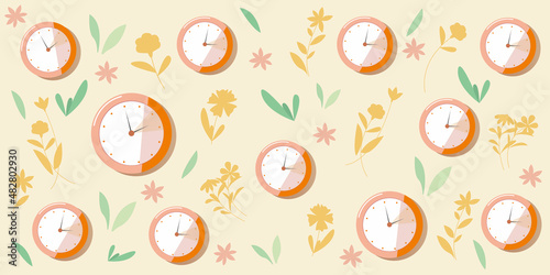 Spring forward pattern graphic. Clocks and floral icons decoration illustration. Daylight saving background. Vector illustration.