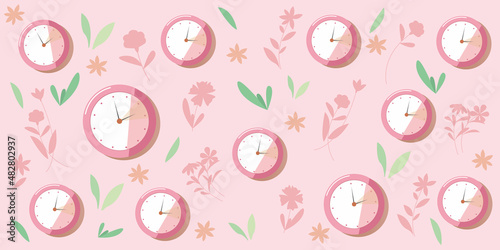 Spring forward pattern graphic. Clocks and floral icons decoration illustration. Daylight saving background. Vector illustration.