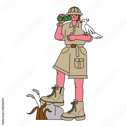 Female explorer with white bird vector illustration in line filled design