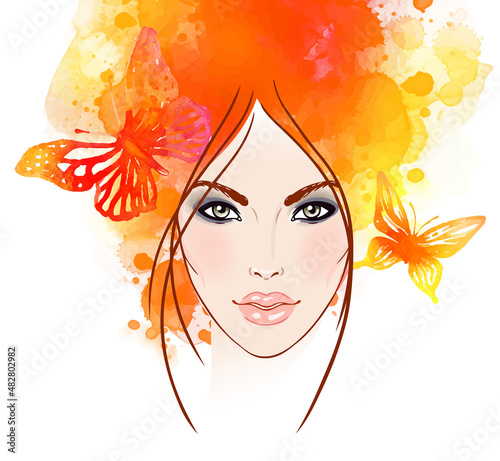 Beautiful girl's face with butterflies in her hair. Watercolor illustration i...