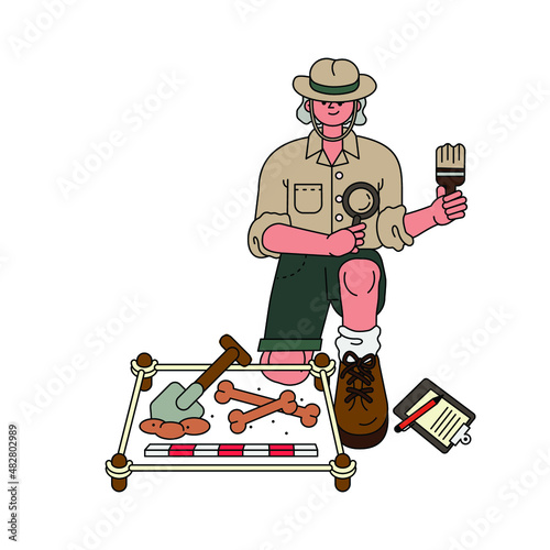 Female archaeologist vector illustration in line filled design