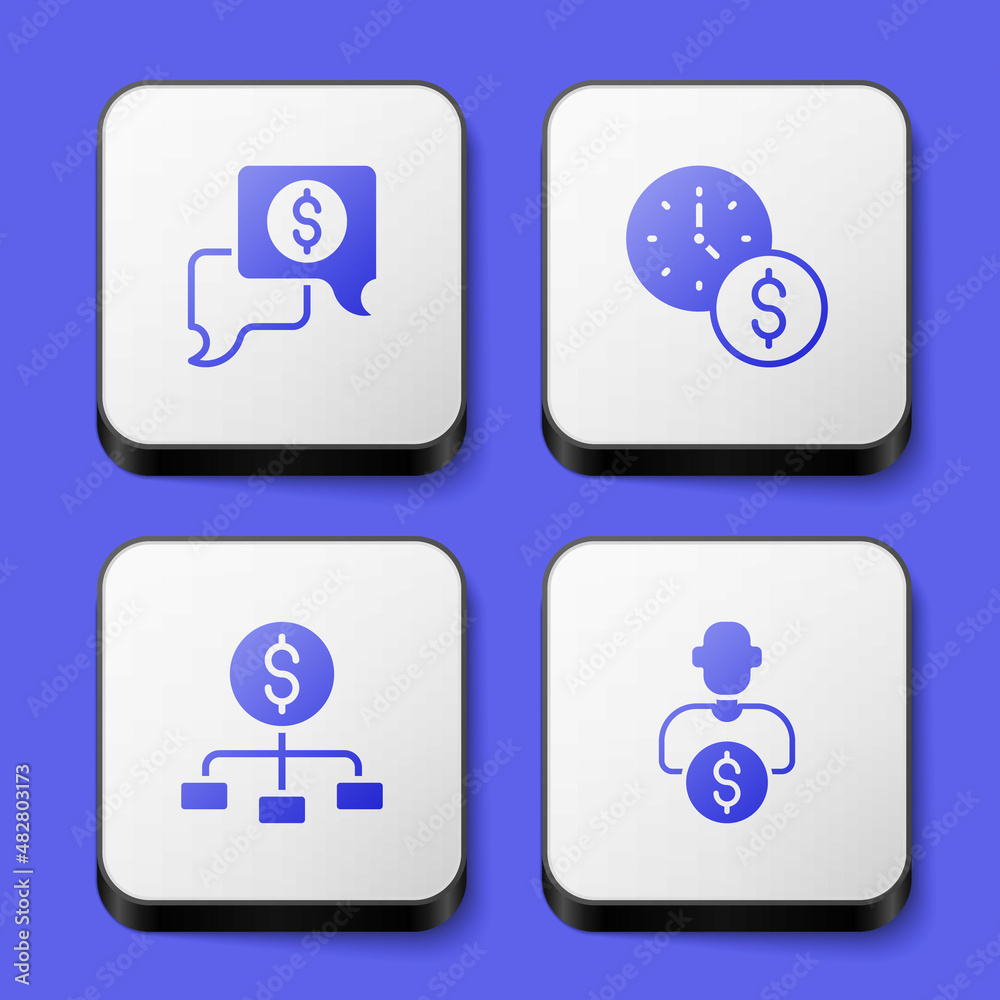 Set Business negotiations, Time is money, Hierarchy with dollar and investor icon. White square button. Vector Set Business negotiations, Time is money, Hierarchy with dollar and investor icon. White square button. Vector