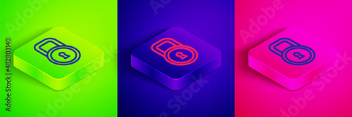 Isometric line Lock icon isolated on green, blue and pink background. Padlock sign. Security, safety, protection, privacy concept. Square button. Vector