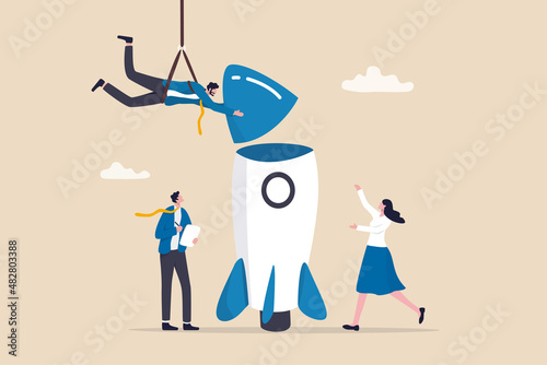 Build startup company, collaboration or cooperate to develop business innovation idea, teamwork and support concept, creative businessman and woman coworker support each other help building rocket.