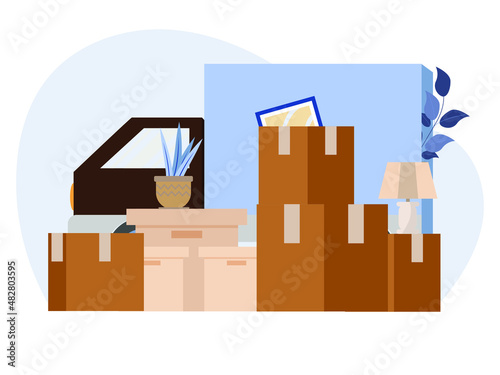 removal. A truck, boxes with things. Movement. Change of housing