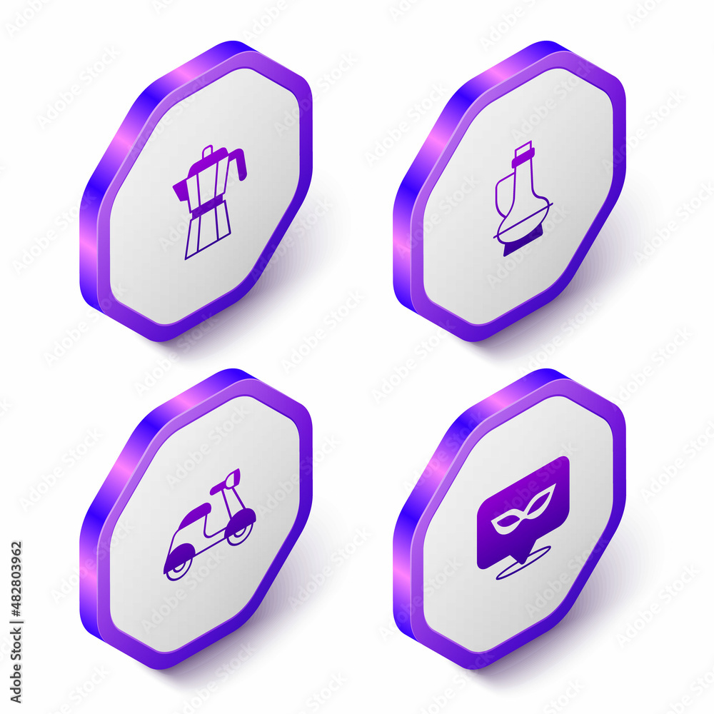 Set Isometric Coffee maker moca pot, Bottle olive oil, Scooter and Carnival mask icon. Purple hexagon button. Vector Set Isometric Coffee maker moca pot, Bottle olive oil, Scooter and Carnival mask icon. Purple hexagon button. Vector