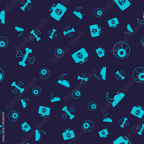 Set Crossed bones, Eye, Skull and Moon and stars on seamless pattern. Vector