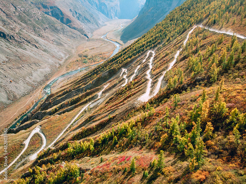 Aerial view of a winding Kathu pass Yaryk, Altai Mountains photo