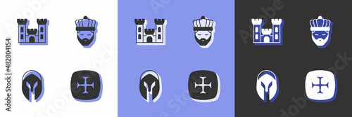 Set Crusade, Castle, Medieval helmet and King with crown icon. Vector