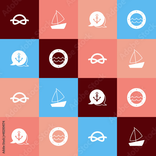 Set pop art Nautical rope knots, Yacht sailboat, Anchor and Ship porthole icon. Vector