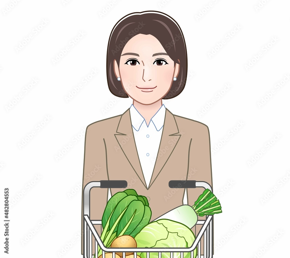 スーパーのカートを押す女性
