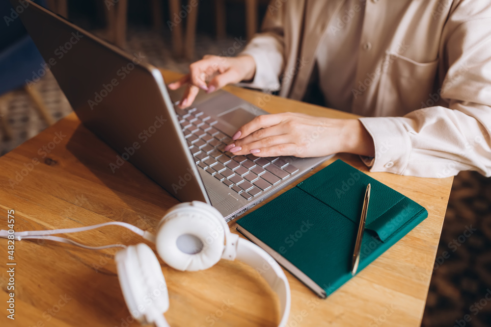 Woman hands typing. Business work, education process, online communication, freelance concept Woman hands typing. Business work, education process, online communication, freelance concept