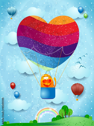 Fantasy landscape with balloon heart shaped and cat, valentine card. Vector illustration eps10