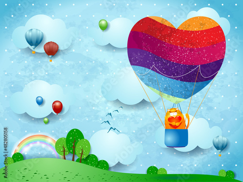 Fantasy landscape with balloon heart shaped and cat, valentine card. Vector illustration eps10