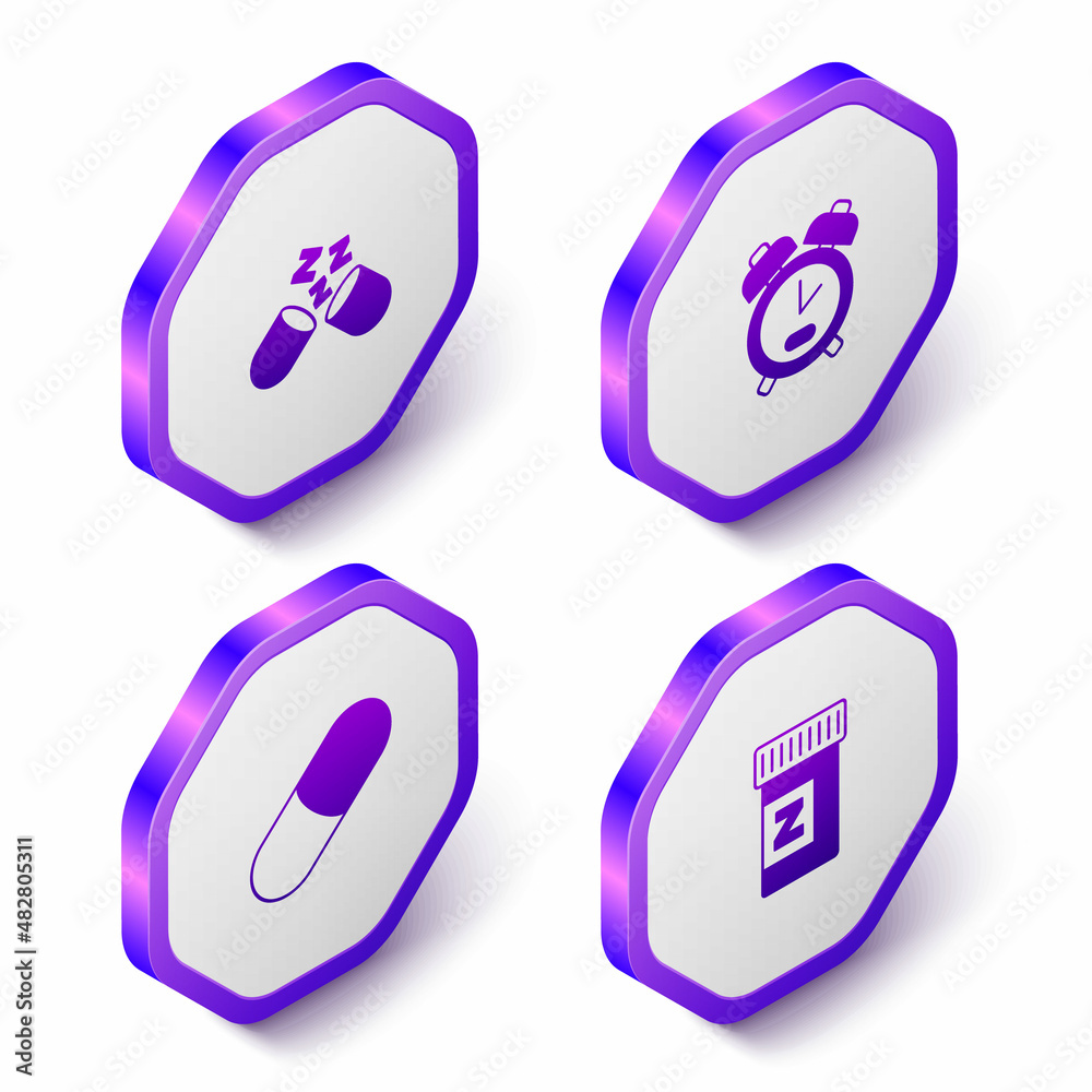 Set Isometric Sleeping pill, Alarm clock, and icon. Purple hexagon button. Vector Set Isometric Sleeping pill, Alarm clock, and icon. Purple hexagon button. Vector