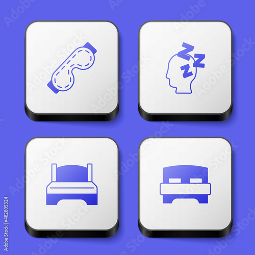 Set Eye sleep mask, Dreams, Big bed and icon. White square button. Vector