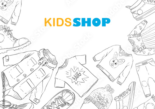 Kids fashion shop backgrounds. Hand drawn design sketch template banner. Vector illustration.