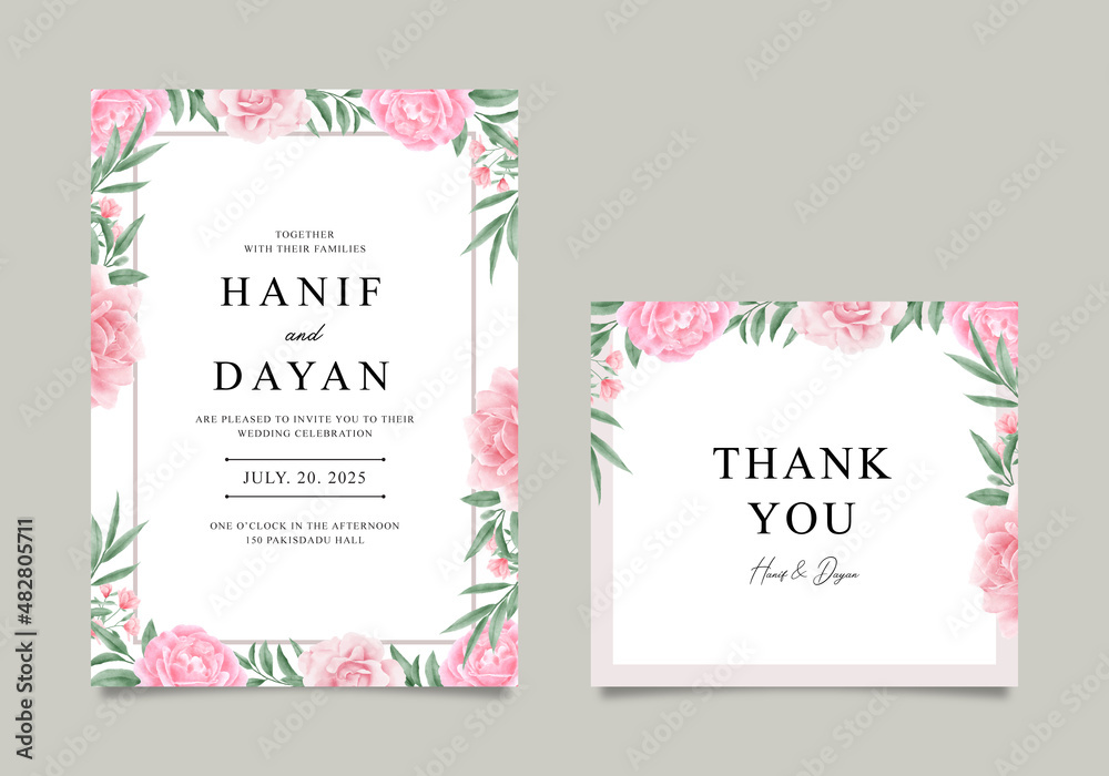 wedding invitation card template set with watercolor floral decoration