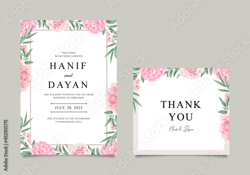 wedding invitation card template set with watercolor floral decoration
