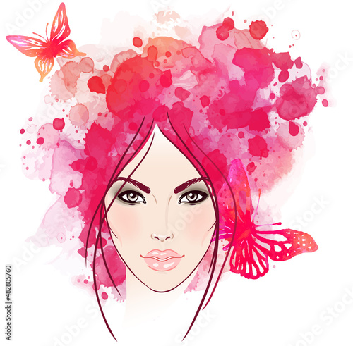 Beautiful girl's face with butterflies in her hair. Watercolor illustration i...