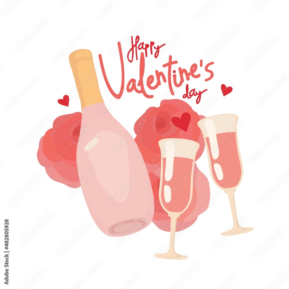 Greeting card design. A festive bottle of champagne and glasses. Sparkling wine for a wedding, birthday, Valentine's day. Vector isolated colorful element. 