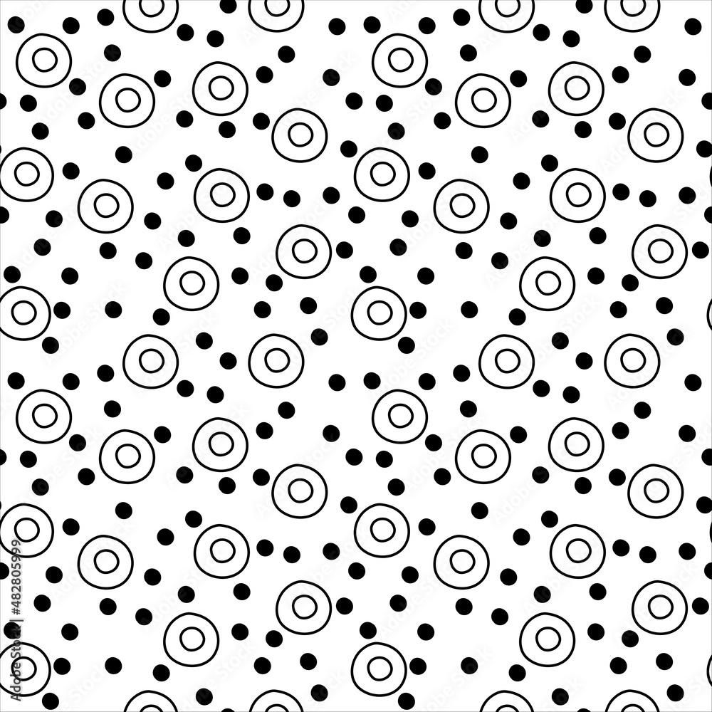Hand drawn seamless pattern with circles and dots, black and white texture.