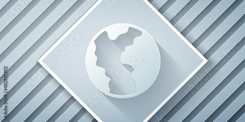Paper cut Global economic crisis icon isolated on grey background. World finance crisis. Paper art style. Vector