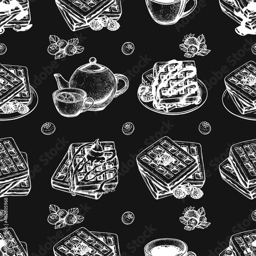 seamless pattern belgian waffles vector sketch on black background. coffee mug, teapot, tea with lemon vector, hand drawing. eps art vector