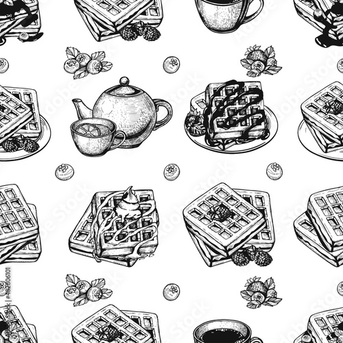 seamless pattern belgian waffles vector sketch. coffee mug, teapot, tea with lemon vector, hand drawing. eps art vector