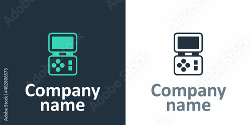 Logotype Portable tetris electronic game icon isolated on white background. Vintage style pocket brick game. Interactive playing device. Logo design template element. Vector