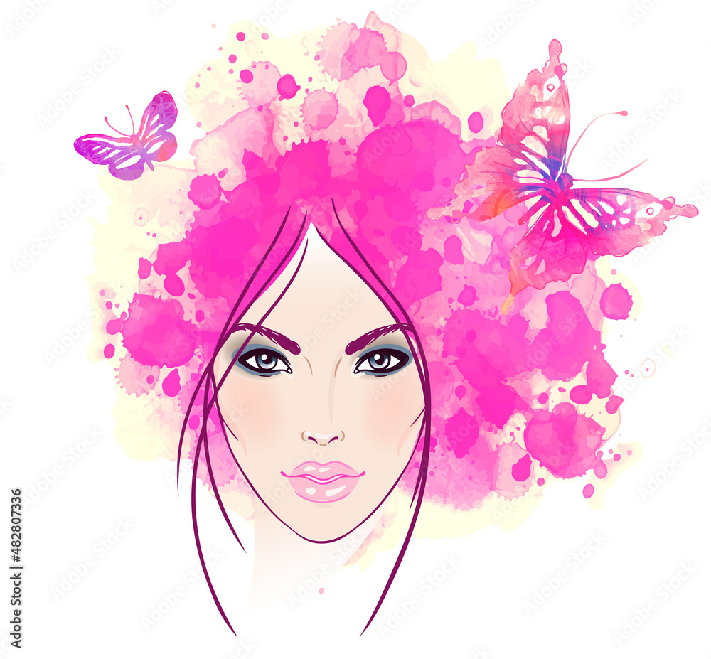 Beautiful girl's face with butterflies in her hair. Watercolor illustration in vector