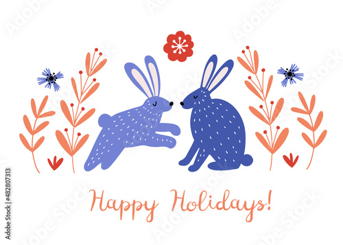 Two rabbits in Scandinavian style with plants and flowers, with calligraphy lettering Happy Holidays 