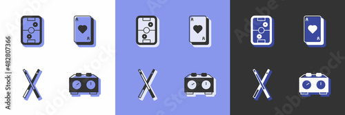Set Time chess clock, Air hockey table, Crossed billiard cues and Playing cards icon. Vector