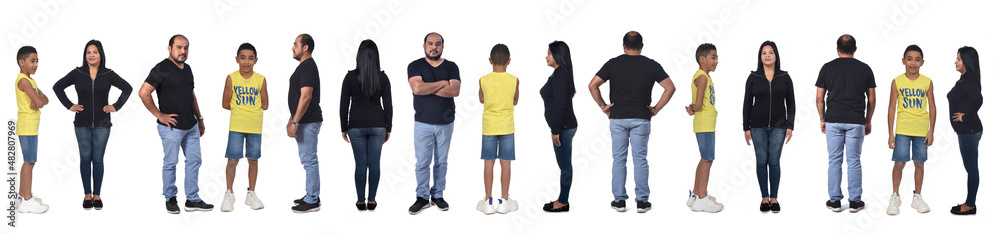 various poses of the same family on white background