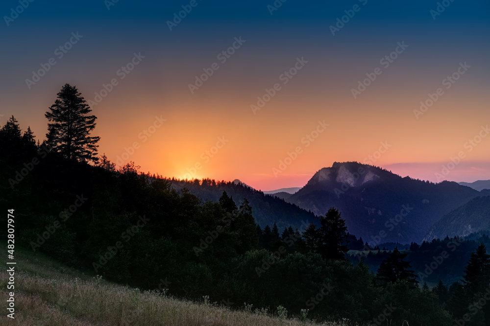 beautiful landscape with valley in Pieniny mountains in sunset