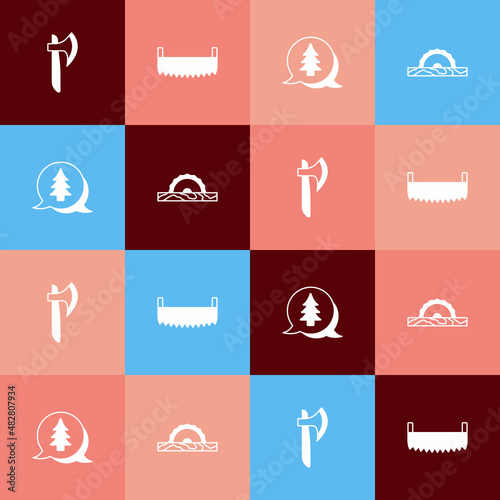 Set pop art Wooden axe, Two-handed saw, Tree and Electric circular icon. Vector